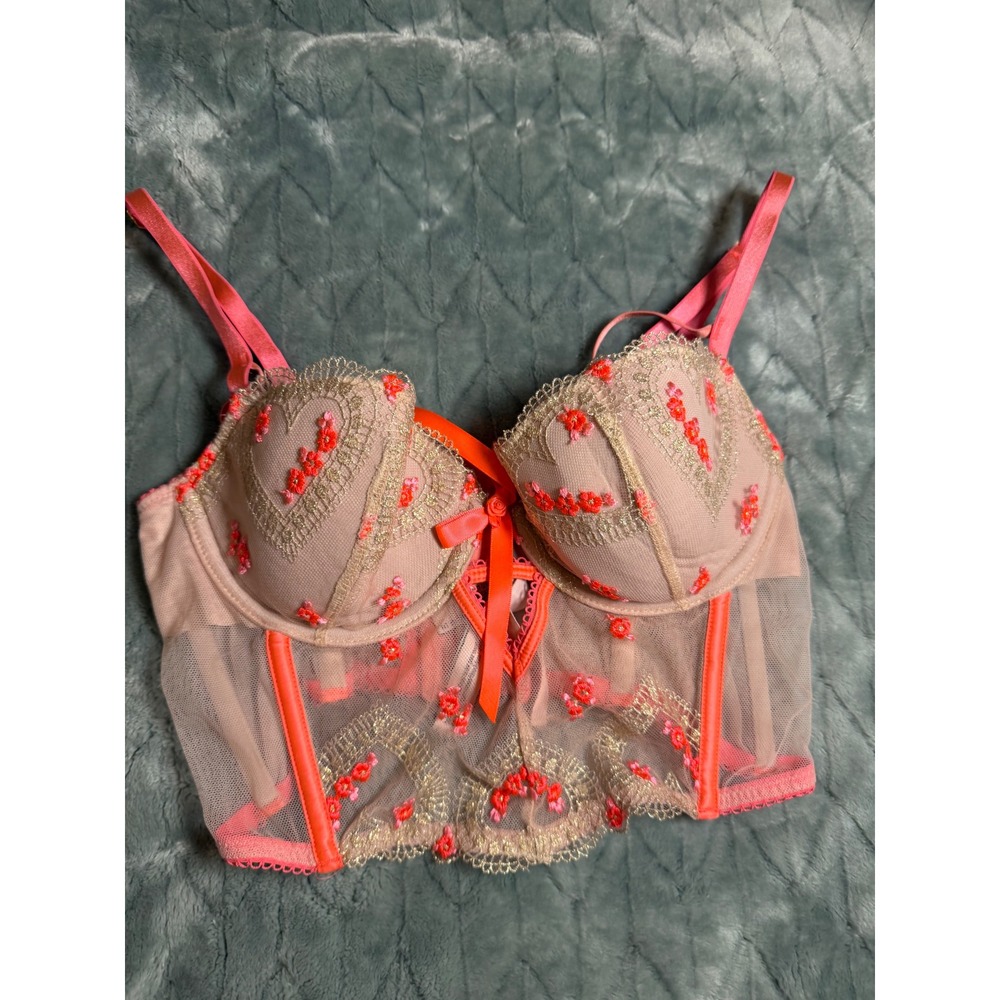 Victorias Secret Dream Angels Lined Demi Bustier Bra Coral Gold Heart 32C